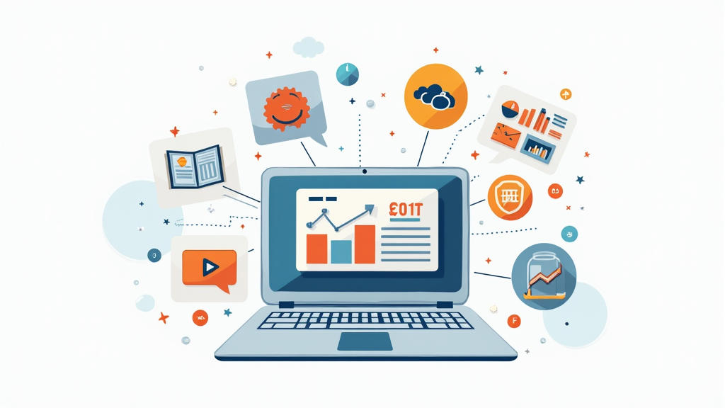 A collage of laptop, analytics, and website icons representing diversification of online income streams.