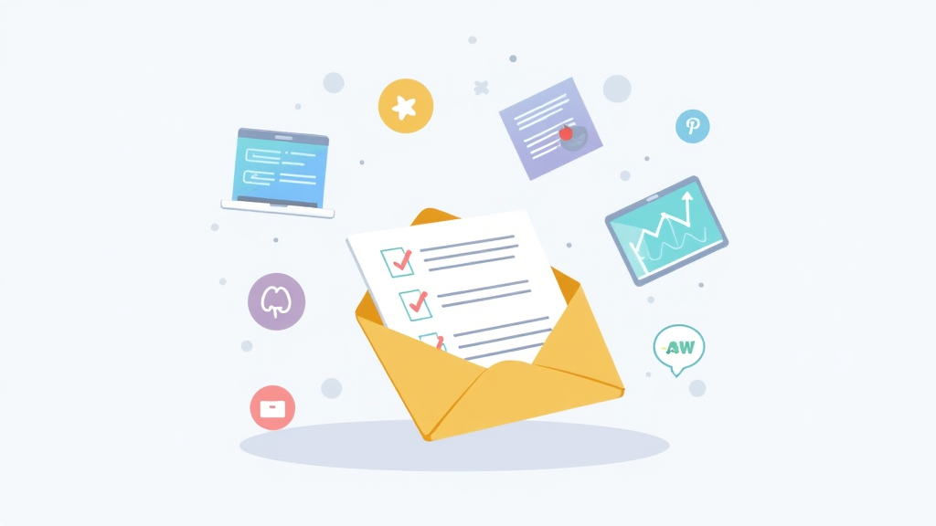 A colorful illustration of an open email envelope, a checklist, and floating digital icons representing subscribers and marketing automation.