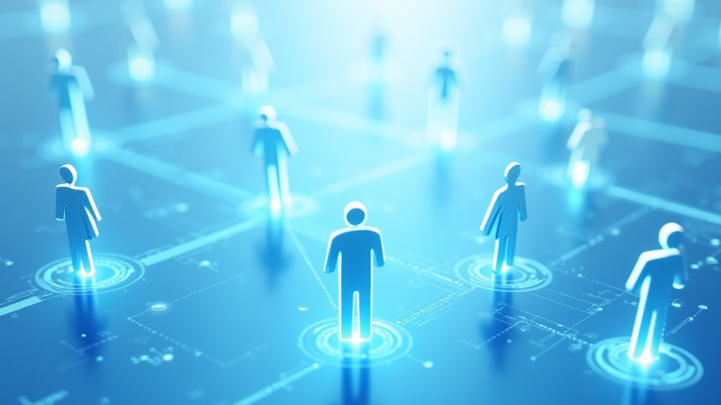A digital illustration of interconnected groups and icons representing networking on a virtual platform with subtle blue and white tones