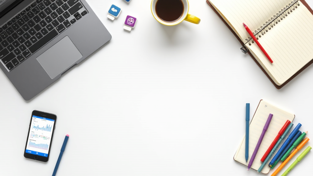 Colorful flat lay of blogging tools, laptop, coffee, and planner with affiliate marketing icons scattered around. A representation of content creation process.
